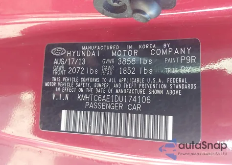 2013 Hyundai Veloster Turbo W/Black z USA, uszkodzony, nr VIN KMHTC6AE1DU174106